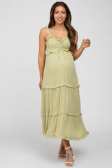 Light Olive Ruffle Accent Maternity Midi Dress