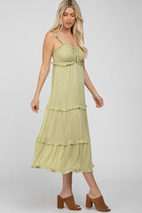 Light Olive Ruffle Accent Midi Dress