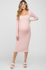 Peach Ribbed Long Sleeve Maternity Maxi Dress