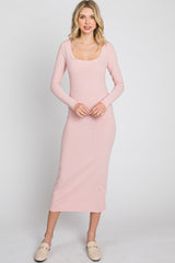 Peach Ribbed Long Sleeve Maternity Maxi Dress