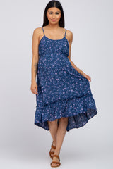 Blue Floral Braided Waist Tie Ruffle Hem Maternity Dress