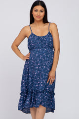 Blue Floral Braided Waist Tie Ruffle Hem Maternity Dress