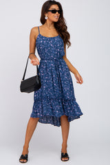 Blue Floral Braided Waist Tie Ruffle Hem Maternity Dress