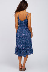 Blue Floral Braided Waist Tie Ruffle Hem Dress