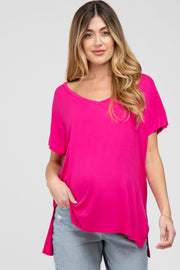 Fuchsia V-Neck Oversized Maternity Short Sleeve Top