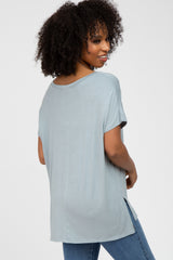 Blue V-Neck Oversized Short Sleeve Top