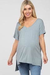 Blue V-Neck Oversized Maternity Short Sleeve Top