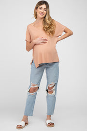 Peach V-Neck Oversized Maternity Short Sleeve Top