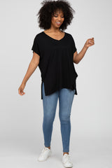 Black V-Neck Oversized Short Sleeve Top