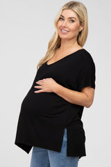 Black V-Neck Oversized Maternity Short Sleeve Top