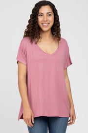 Mauve V-Neck Oversized Short Sleeve Top