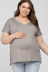 Taupe V-Neck Oversized Maternity Plus Short Sleeve Top