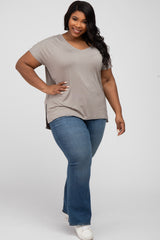 Taupe V-Neck Oversized Plus Short Sleeve Top