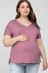 Mauve V-Neck Oversized Maternity Plus Short Sleeve Top