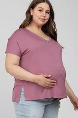 Mauve V-Neck Oversized Maternity Plus Short Sleeve Top