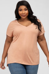 Peach V-Neck Oversized Maternity Plus Short Sleeve Top