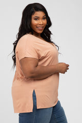 Peach V-Neck Oversized Plus Short Sleeve Top