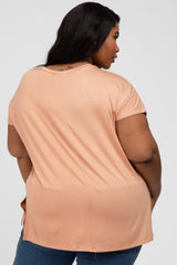 Peach V-Neck Oversized Plus Short Sleeve Top