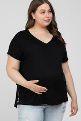 Black V-Neck Oversized Maternity Plus Short Sleeve Top