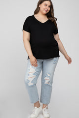 Black V-Neck Oversized Maternity Plus Short Sleeve Top