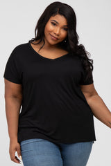 Black V-Neck Oversized Maternity Plus Short Sleeve Top