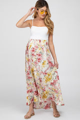 Cream Floral Button-Down Front Slit Maternity Maxi Skirt