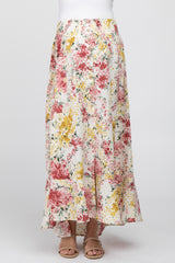 Cream Floral Button-Down Front Slit Maternity Maxi Skirt