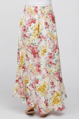 Cream Floral Button-Down Front Slit Maternity Maxi Skirt