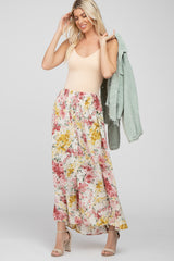 Cream Floral Button-Down Front Slit Maternity Maxi Skirt