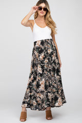 Black Floral Button-Down Front Slit Maternity Maxi Skirt