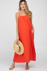 Red Square Neck Linen Sleeveless Maternity Maxi Dress