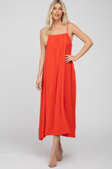 Red Square Neck Linen Sleeveless Maxi Dress