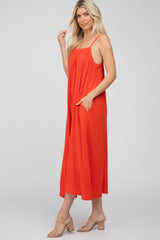 Red Square Neck Linen Sleeveless Maxi Dress