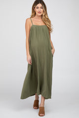 Olive Square Neck Linen Sleeveless Maternity Maxi Dress