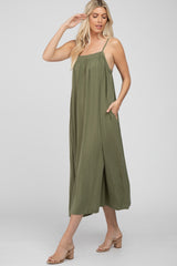 Olive Square Neck Linen Sleeveless Maxi Dress