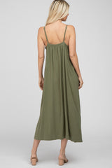 Olive Square Neck Linen Sleeveless Maxi Dress