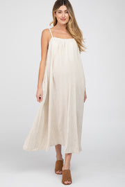 Beige Square Neck Linen Sleeveless Maternity Maxi Dress