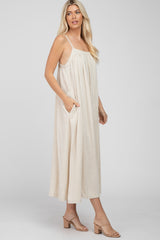 Beige Square Neck Linen Sleeveless Maxi Dress