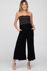 Black Striped Smocked Strapless Maternity Jumpsuit