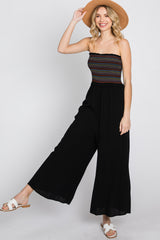 Black Striped Smocked Strapless Jumpsuit