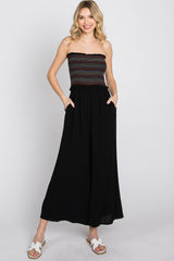 Black Striped Smocked Strapless Jumpsuit