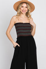 Black Striped Smocked Strapless Jumpsuit