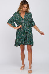 Green Floral Ruffle Sleeve Tiered Dress