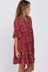 Burgundy Floral Ruffle Sleeve Tiered Dress