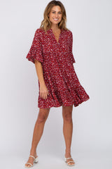 Burgundy Floral Ruffle Sleeve Tiered Dress