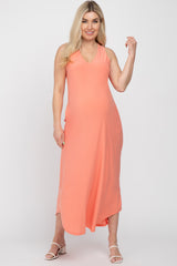 Coral V-Neck Round Hem Maternity Midi Dress