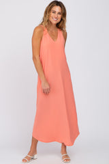 Coral V-Neck Round Hem Midi Dress