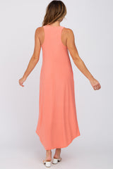 Coral V-Neck Round Hem Midi Dress