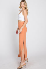 Peach Ribbed Side Slit Maxi Skirt