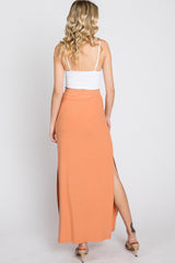 Peach Ribbed Side Slit Maxi Skirt